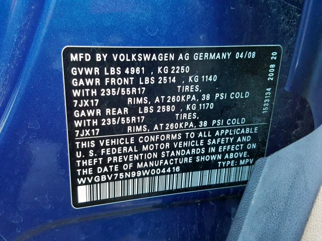 WVGBV75N99W004416 - 2009 VOLKSWAGEN TIGUAN SE BLUE photo 10