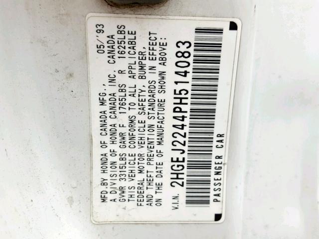 2HGEJ2244PH514083 - 1993 HONDA CIVIC DX WHITE photo 10