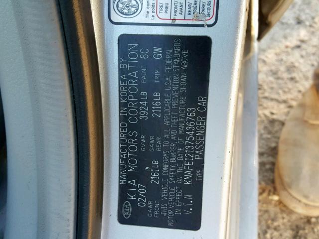 KNAFE121375436763 - 2007 KIA SPECTRA EX SILVER photo 10