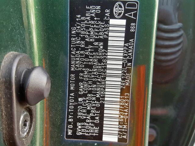 2T1BPRHE1EC156327 - 2014 TOYOTA COROLLA EC 绿色 照片 10