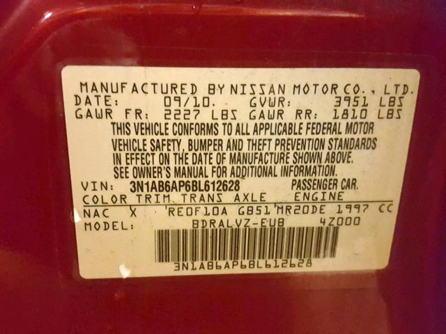 3N1AB6AP6BL612628 - 2011 NISSAN SENTRA 2.0 RED photo 10