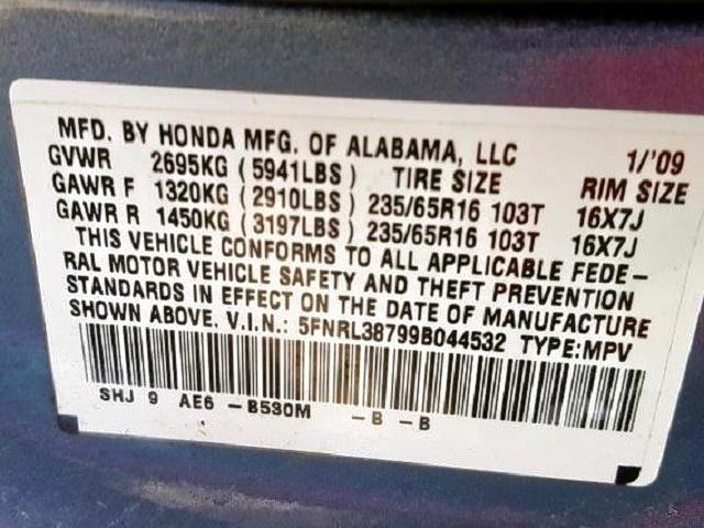 5FNRL38799B044532 - 2009 HONDA ODYSSEY EX BLUE photo 10