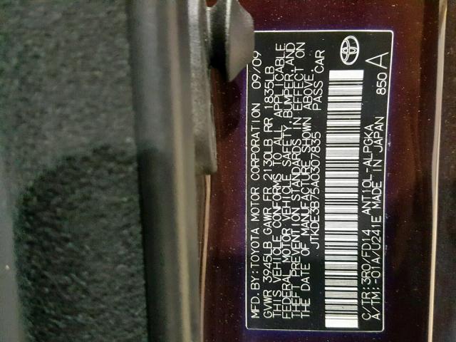 JTKDE3B75A0307835 - 2010 TOYOTA SCION TC 勃艮第红 照片 10