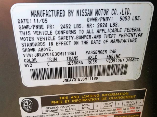 JNKAY01E36M111861 - 2006 INFINITI M35 BASE SILVER photo 10