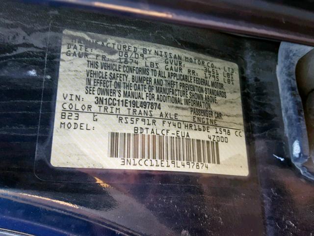 3N1CC11E19L497874 - 2009 NISSAN VERSA S BLUE photo 10