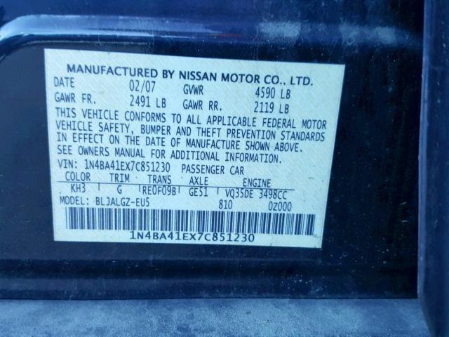 1N4BA41EX7C851230 - 2007 NISSAN MAXIMA SE BLACK photo 10