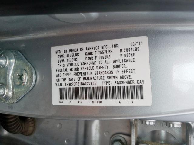 1HGCP3F81BA022806 - 2011 HONDA ACCORD EXL SILVER photo 10