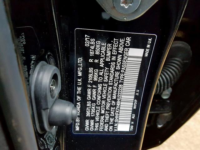 SHHFK7H49HU222228 - 2017 HONDA CIVIC SPOR BLACK photo 10