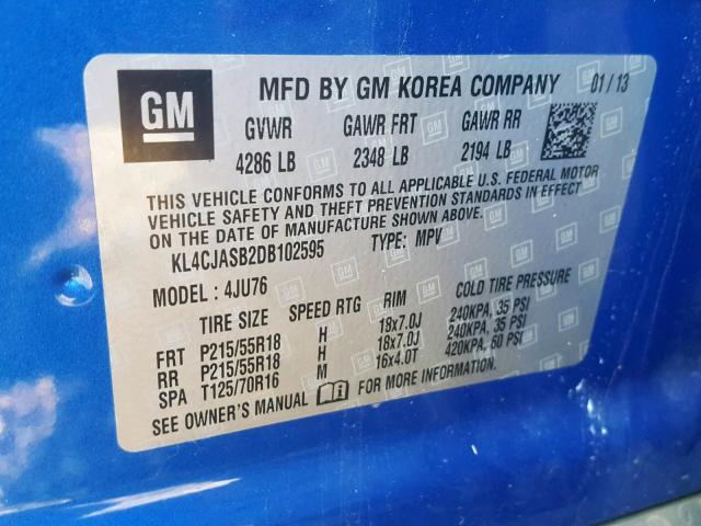 KL4CJASB2DB102595 - 2013 BUICK ENCORE BLUE photo 10