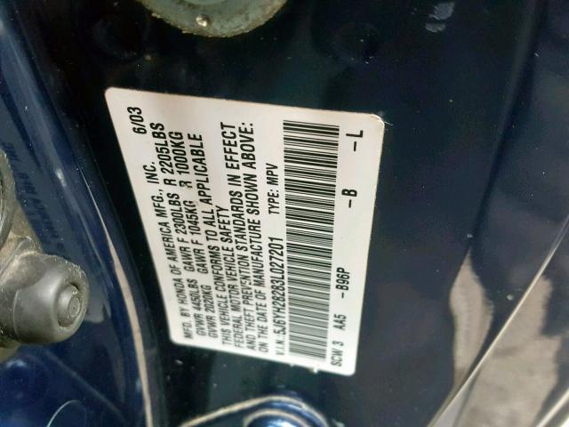 5J6YH28283L027201 - 2003 HONDA ELEMENT DX BLUE photo 10