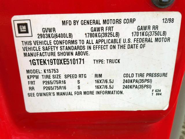 1GTEK19T0XE510171 - 1999 GMC NEW SIERRA RED photo 10