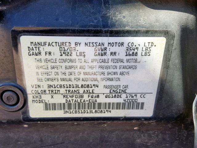 3N1CB51D13L808194 - 2003 NISSAN SENTRA XE BLACK photo 10