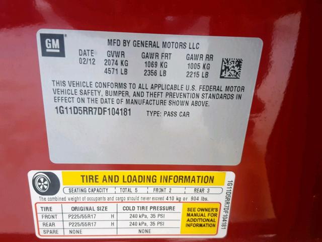 1G11D5RR7DF104181 - 2013 CHEVROLET MALIBU 1LT RED photo 10