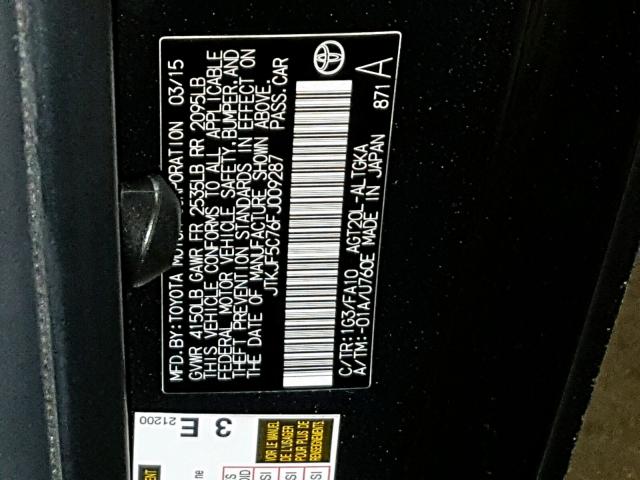 JTKJF5C76FJ009287 - 2015 TOYOTA SCION TC 灰色 照片 10