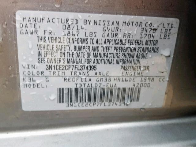 3N1CE2CP7FL374395 - 2015 NISSAN VERSA NOTE GRAY photo 10