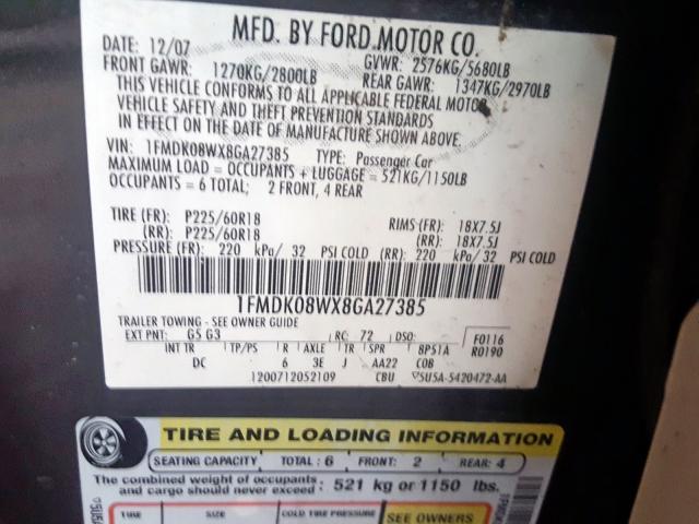 1FMDK08WX8GA27385 - 2008 FORD TAURUS X E TWO TONE photo 10