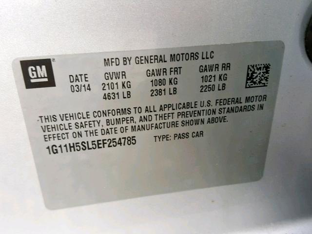 1G11H5SL5EF254785 - 2014 CHEVROLET MALIBU LTZ ვერცხლისფერი ფოტო 10