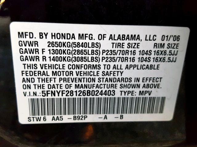 5FNYF28126B024403 - 2006 HONDA PILOT LX BLACK photo 10