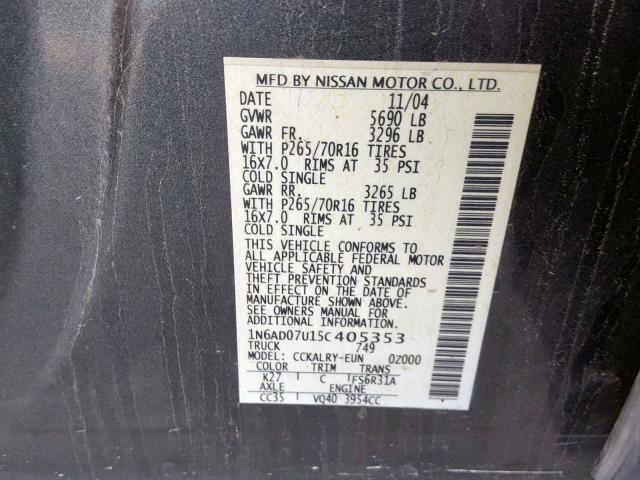 1N6AD07U15C405353 - 2005 NISSAN FRONTIER C CHARCOAL photo 10