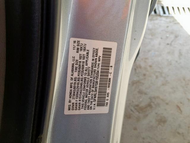 5FNRL5H97GB155204 - 2016 HONDA ODYSSEY TO SILVER photo 10