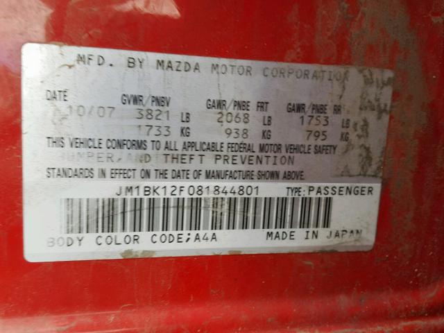 JM1BK12F081844801 - 2008 MAZDA 3 I RED photo 10