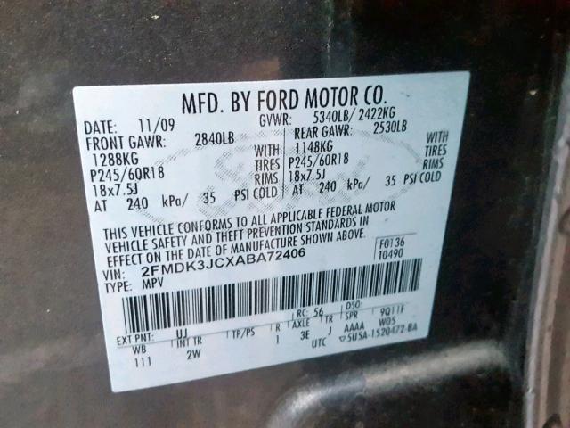 2FMDK3JCXABA72406 - 2010 FORD EDGE SEL GRAY photo 10