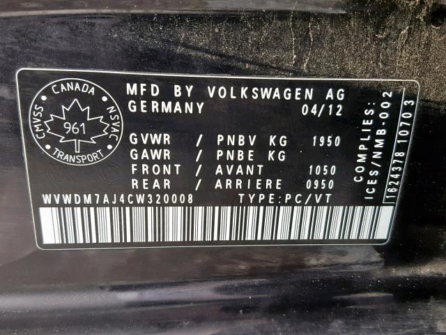 WVWDM7AJ4CW320008 - 2012 VOLKSWAGEN GOLF 黑色 照片 10