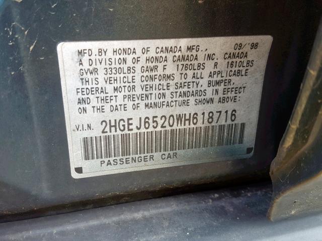 2HGEJ6520WH618716 - 1998 HONDA CIVIC DX TEAL photo 10