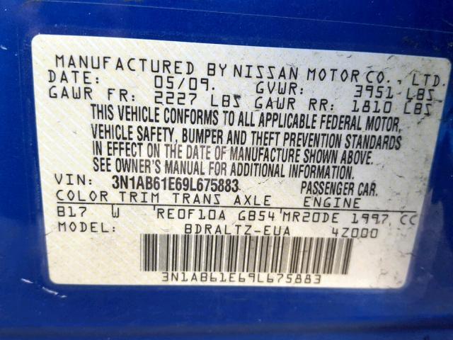 3N1AB61E69L675883 - 2009 NISSAN SENTRA 2.0 BLUE photo 10