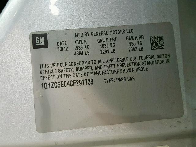 1G1ZC5E04CF297739 - 2012 CHEVROLET MALIBU 1LT SILVER photo 10