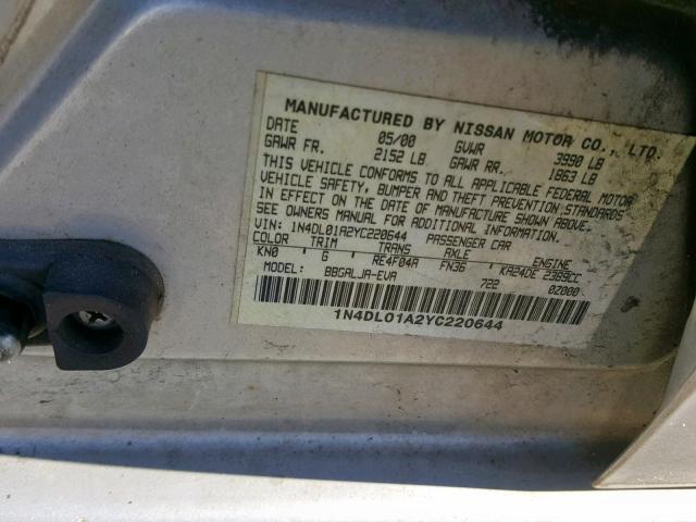 1N4DL01A2YC220644 - 2000 NISSAN ALTIMA XE GRAY photo 10