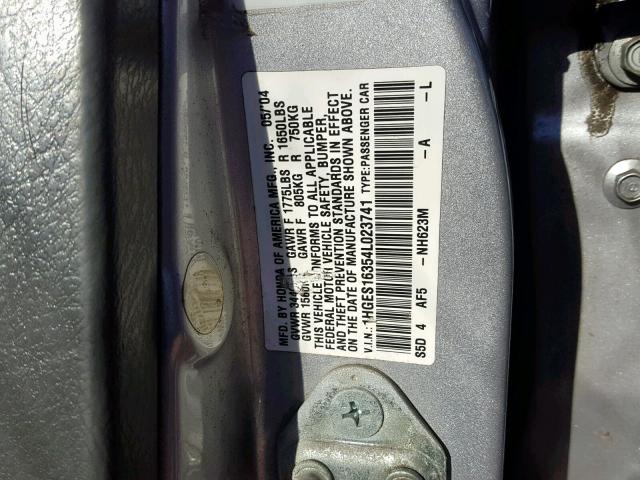 1HGES16354L023741 - 2004 HONDA CIVIC DX V SILVER photo 10