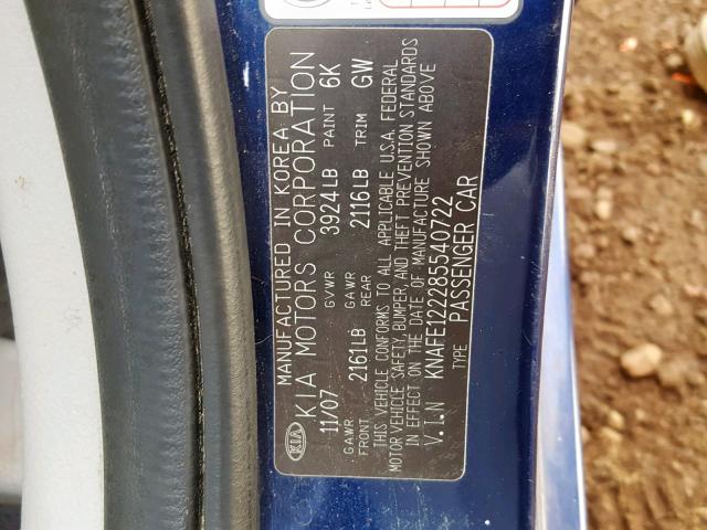 KNAFE122285540722 - 2008 KIA SPECTRA EX BLUE photo 10