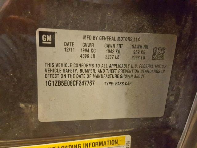 1G1ZB5E08CF247767 - 2012 CHEVROLET MALIBU LS გრაფიტი ფოტო 10