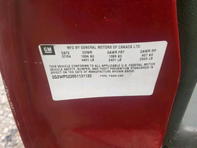 2G2WP522651131130 - 2005 PONTIAC GRAND PRIX MAROON photo 10