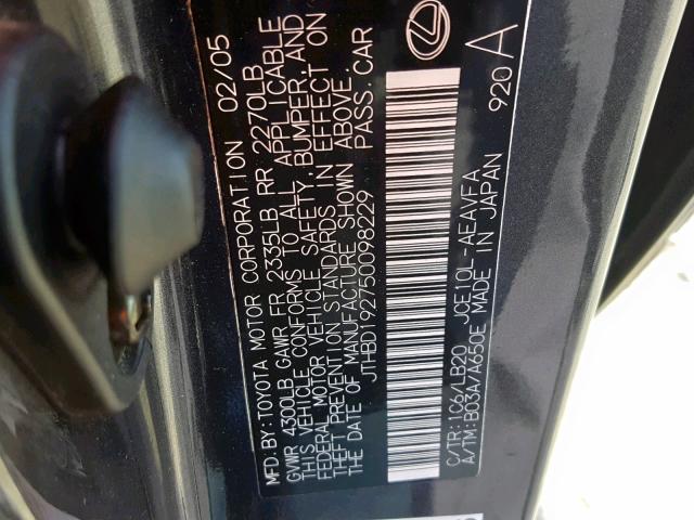 JTHBD192750098229 - 2005 LEXUS IS 300 GRAY photo 10