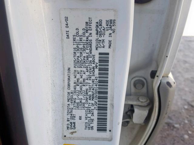 JTJGF10U320140145 - 2002 LEXUS RX 300 WHITE photo 10