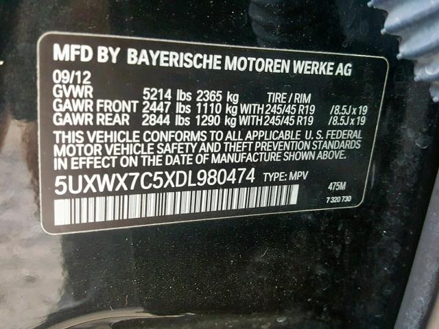 5UXWX7C5XDL980474 - 2013 BMW X3 XDRIVE3 BLACK photo 10