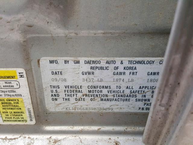 KL1TD66E39B383299 - 2009 CHEVROLET AVEO LS SILVER photo 10