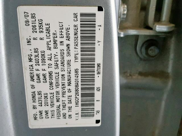 1HGCP26808A014585 - 2008 HONDA ACCORD EXL SILVER photo 10