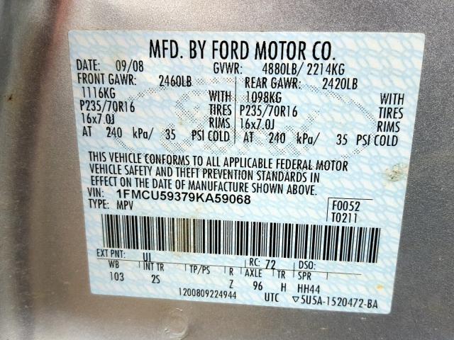 1FMCU59379KA59068 - 2009 FORD ESCAPE HYB SILVER photo 10