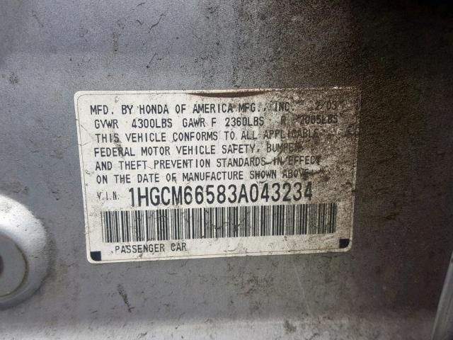 1HGCM66583A043234 - 2003 HONDA ACCORD SILVER photo 10