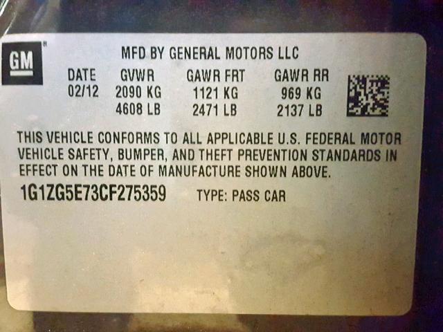 1G1ZG5E73CF275359 - 2012 CHEVROLET MALIBU LTZ ნაცრისფერი ფოტო 10