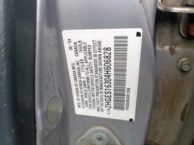 2HGES16304H606828 - 2004 HONDA CIVIC DX V SILVER photo 10