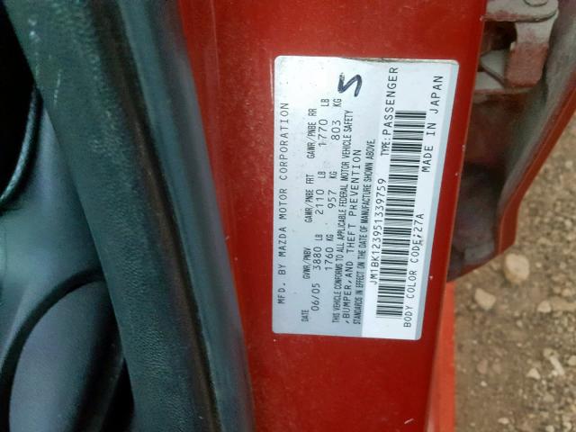 JM1BK123951339759 - 2005 MAZDA 3 S RED photo 10