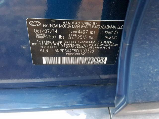 5NPE34AF5FH103398 - 2015 HYUNDAI SONATA SPO BLUE photo 10