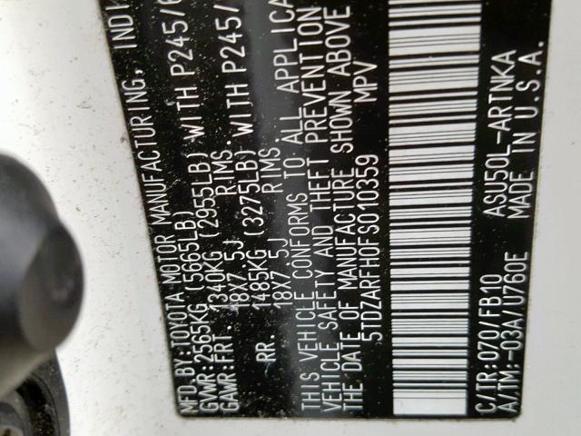 5TDZARFH0FS010359 - 2015 TOYOTA HIGHLANDER WHITE photo 10