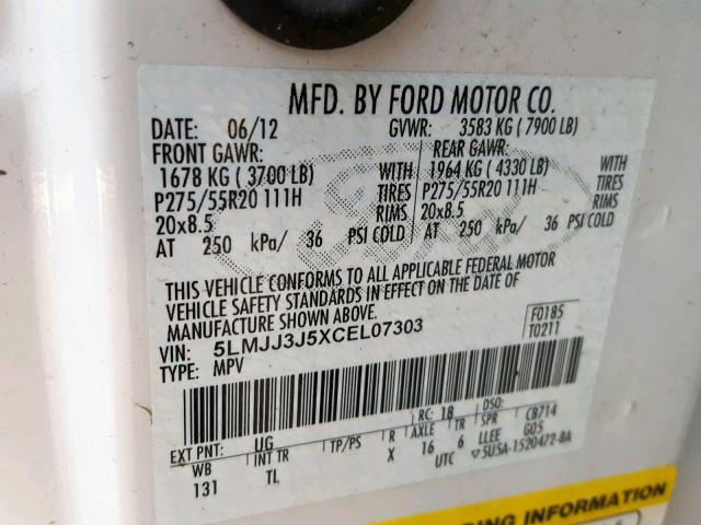 5LMJJ3J5XCEL07303 - 2012 LINCOLN NAVIGATOR 白色 照片 10