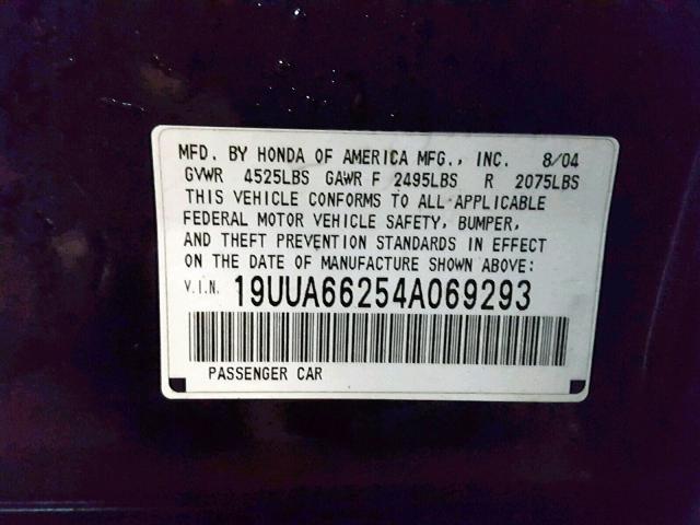 19UUA66254A069293 - 2004 ACURA TL BLACK photo 10