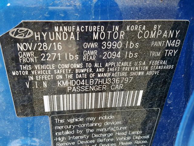 KMHD04LB7HU336797 - 2017 HYUNDAI ELANTRA SP BLUE photo 10